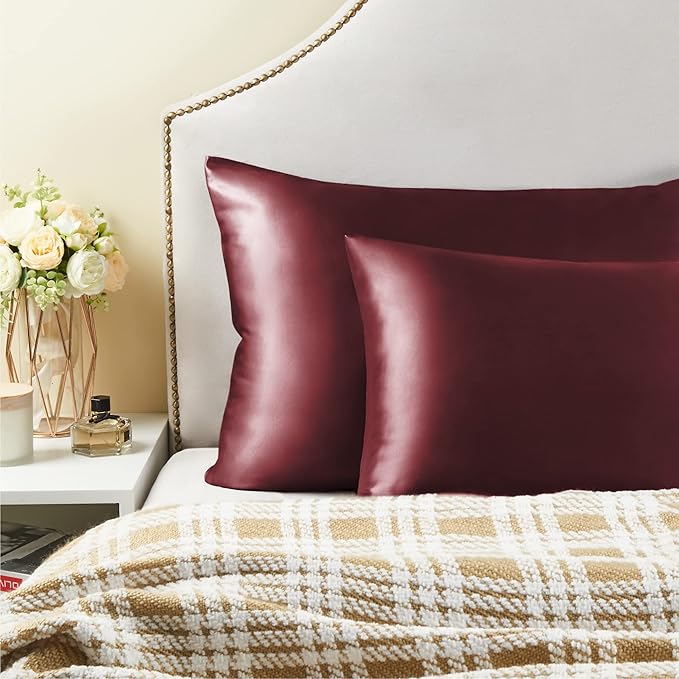 BEDELITE Satin Pillowcase for Hair and Skin, Super Soft and Cooling Similar to Silk Pillow Cases 2 Pack with Envelope Closure, Gift for Women Men(20"x26" Standard Size, Burgundy)