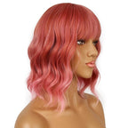 Short Bob Wigs with Bangs for Women Loose Wavy Wig Curly Wavy Shoulder Length Bob Synthetic Cosplay Wig for Girl Colorful Costume Wigs (Dark Pastel Pink)