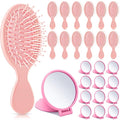 Meanplan 24 Pcs Mini Hair Brush Set 12 Travel Wet Dry Hair Combs Pocket Detangling 12 Compact Folding Makeup Mirrors for Spa Sleepover Birthday Bridal Shower Bachelorette Christmas Party Gift (Pink)