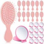 Meanplan 24 Pcs Mini Hair Brush Set 12 Travel Wet Dry Hair Combs Pocket Detangling 12 Compact Folding Makeup Mirrors for Spa Sleepover Birthday Bridal Shower Bachelorette Christmas Party Gift (Pink)
