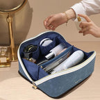 Prite Travel Cosmetic Bag Makeup Organizer Bag For Women Large Capacity Waterproof PU Leather Toiletry Bag with Handle and Clear Divider(Blue Flower)