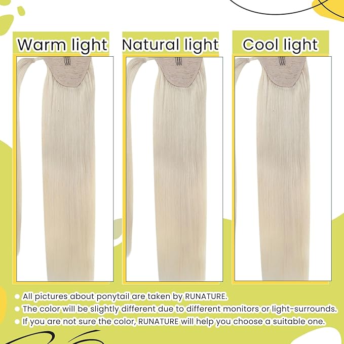 RUNATURE Blonde Ponytail Extension Human Hair, Wrap Around Real Hair Ponytail Extension, Clip in Real Human Hair Ponytail for Long Hair 20 Inch 80g #800 Platinum Blonde