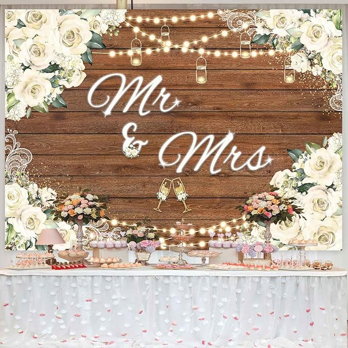 Mr and Mrs Wedding Backdrop for Engagement Party White Floral Rustic Wood - Image 2