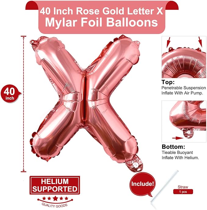 Lovoir 40 Inch Large Rose Gold Letter X Balloons Big Size Jumbo Mylar Foil - Image 2