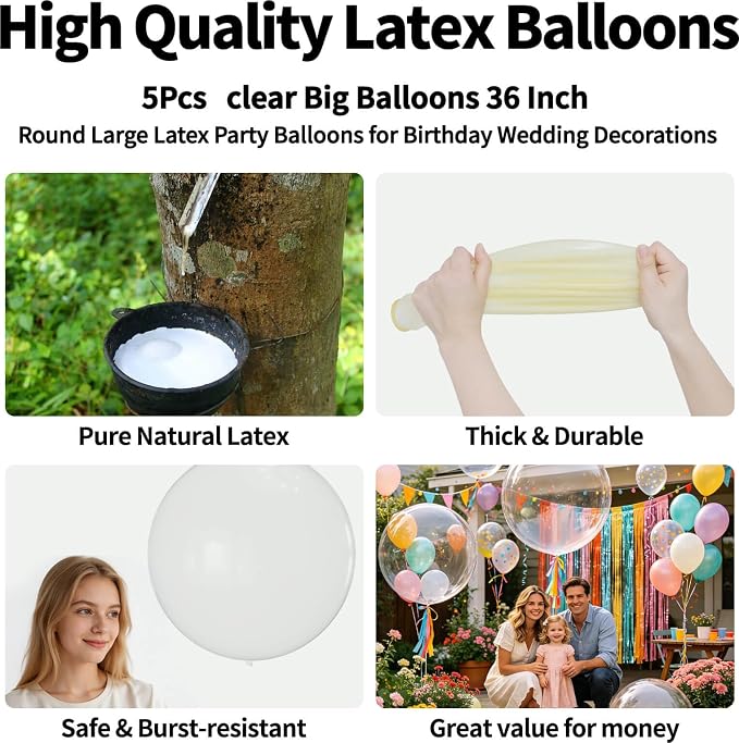 5Pcs Clear Big Balloons 36 Inch, Round Large Latex Party Balloons - Image 2