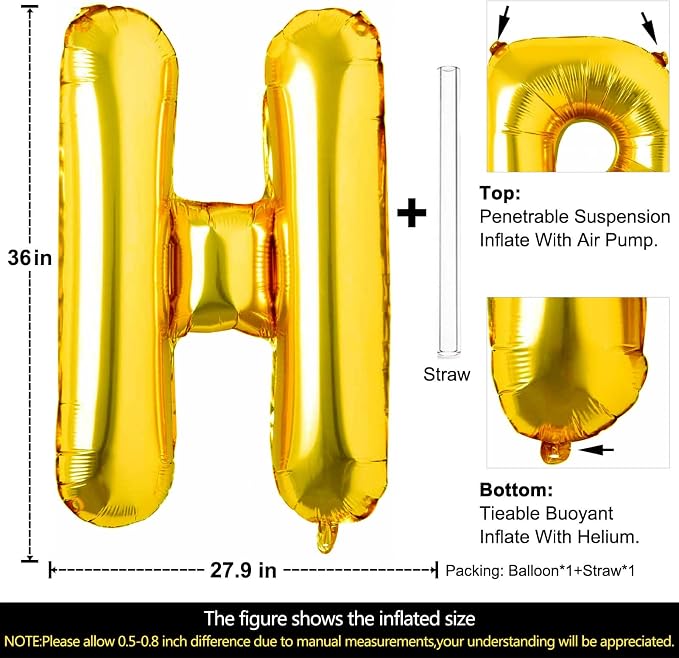 Lovoir 40 Inch Large Gold Letter H Balloons Big Size Jumbo Mylar Foil Helium - Image 2