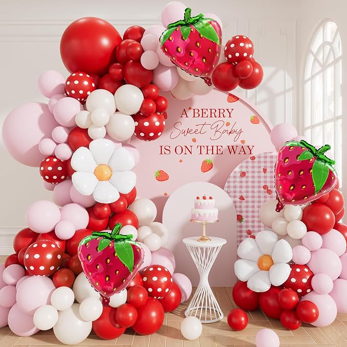 Strawberry Balloon Arch Garland Kit, Berry First Birthday Decor | 137 Pcs Pink by Haolongfa