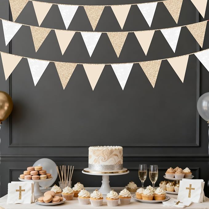 Champagne Gold Beige White Party Pennant Banner Flag Hanging Glitter Paper - Image 8