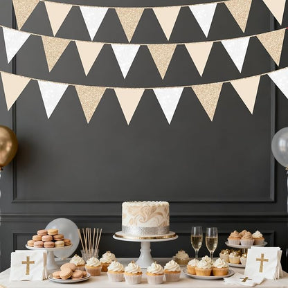 Champagne Gold Beige White Party Pennant Banner Flag Hanging Glitter Paper - Image 8