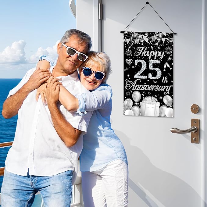 Happy Anniversary Decorations Small Banner Black Silver Happy 25th Anniversary - Image 5