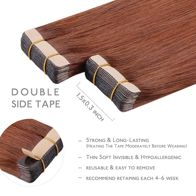 WENNALIFE Tape in Hair Extensions Human Hair, 20pcs 50g 14 inch Dark Auburn Copper Remy Hair Extensions Straight Human Hair Tape in Extensions Skin Weft Tape Extensions Human Hair