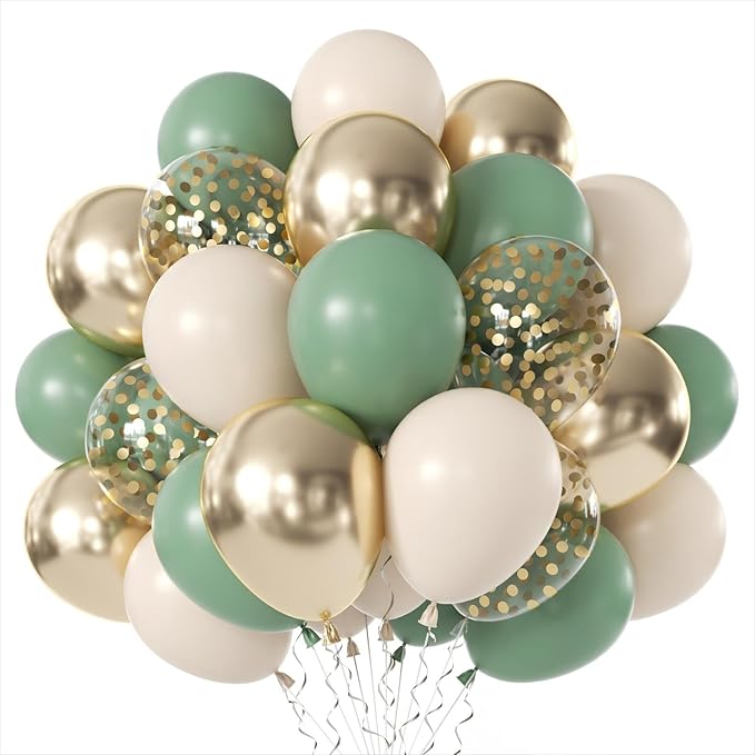 Sage Green Gold Balloons 50 Pcs 12 Inch | Boho Jungle Safari Baby Shower by Vanjehou