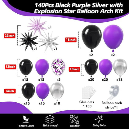 Purple and Black Balloon Arch Kit, 22 18 12 10 5 Inch Different Size Balloons - Image 2