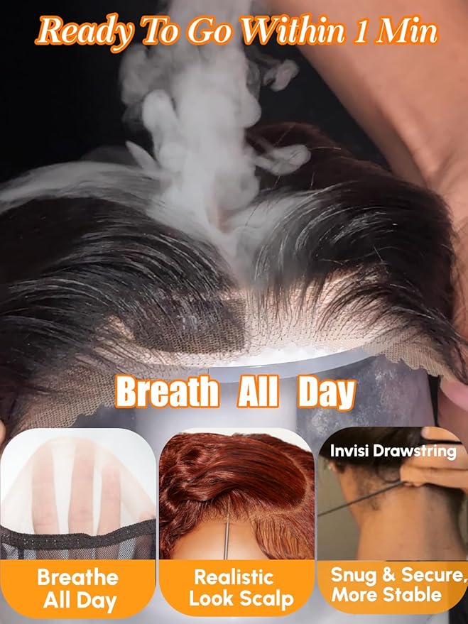 Julia Hair Reddish Brown Glueless Jerry Curly Human Hair Invisi-Drawstring Wig Auburn Pre Cut 7x5 Lace Front Wigs Pre Plucked Bleached Pre Cut Lace Closure Natural Hairline Put On and Go 22 Inch