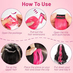 16 Pcs Colored Hair Extensions Curly Wavy Clip in Synthetic Hairpiece Streak for Girls Women Kids, Multi-colors Party Highlights Cosplay Festival Favor Gift(Hot Pink)