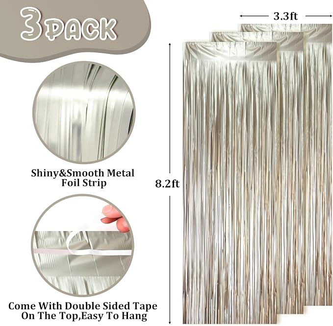 Voircoloria Light Champagne Foil Fringe Backdrop Curtains, 3 Pack | Tinsel - Image 2