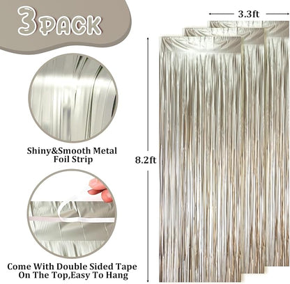 Voircoloria Light Champagne Foil Fringe Backdrop Curtains, 3 Pack | Tinsel - Image 2