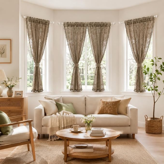 WAZZIO Boho Lace Curtains 2 Panels 63 Inch -Victorian Sheer Panel Drape French - Image 3