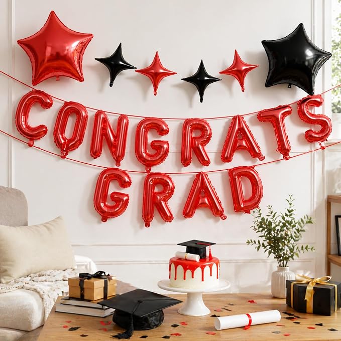 Congrats Grad Balloons, 16 Inch Red Black Congrats Grad Letters Banner Balloons - Image 5