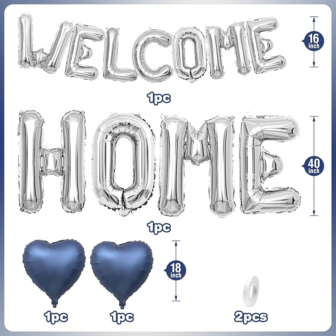 Welcome Home Balloons Blue Silver, 40Inch HOME and 16Inch Welcome Foil Balloons - Image 2