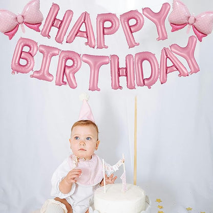 16 Inch Pink Happy Birthday Balloons Letters Banner & 2PCS Mini Bow Balloons - Image 6