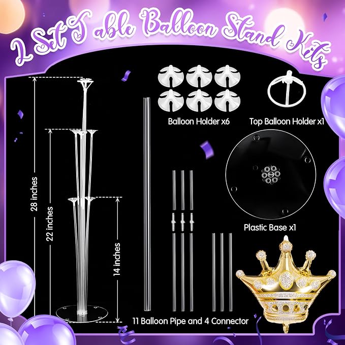 Seematn 2 Set Princess Balloon Stand Kits Purple Gold Crown Balloons Sticks - Image 3
