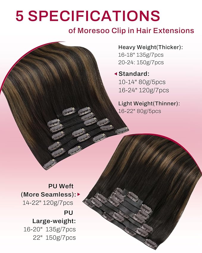 Moresoo Brown Balayage Clip in Hair Extensions Dark Brown to Chestnut Ombre Clip in Extensions Real Human Hair Short for Women Remy Human Hair Double Weft 80g/5pcs 14 inch