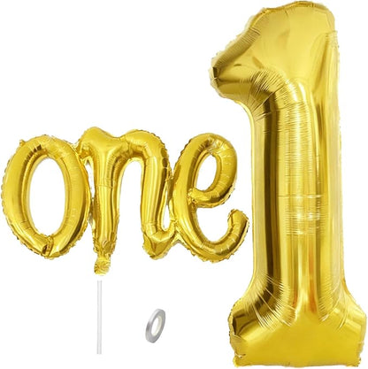 2Pcs Gold Foil 40" Number 1 and 26" Script Letter One Balloon Set | Large Gold by WEILINZHOU