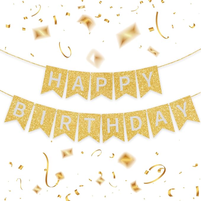 Gold Happy Birthday Banner - 16 ft Pre-Strung Gold Birthday Party Decorations by ZgimiPartyHome