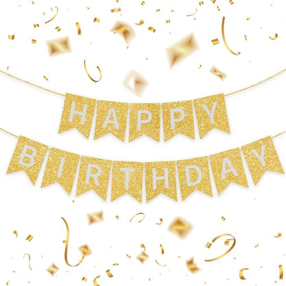 Gold Happy Birthday Banner - 16 ft Pre-Strung Gold Birthday Party Decorations by ZgimiPartyHome