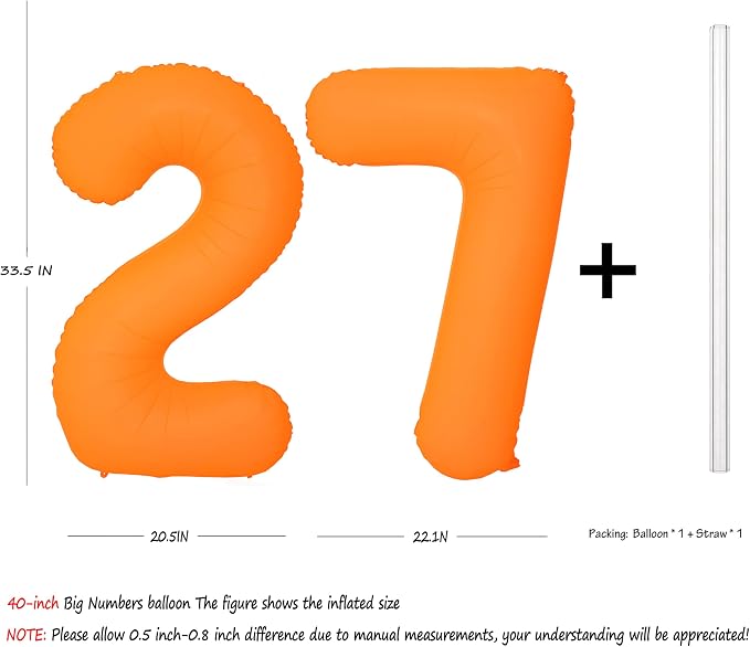 Orange Birthday Number 27 Balloon 40IN Fluorescent Orange 72 Balloon | - Image 2