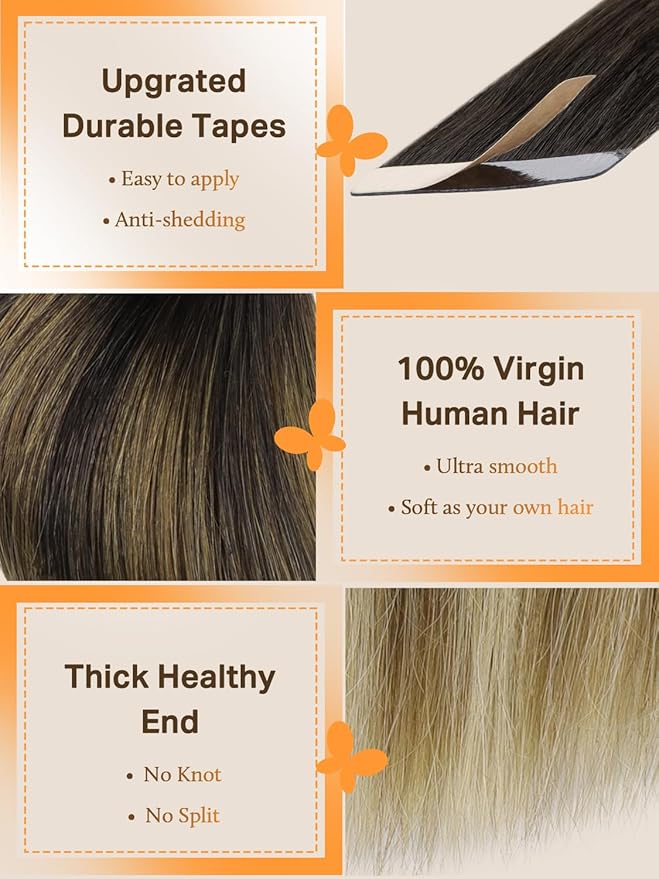 DOORES Tape in Hair Extensions, Balayage Dark Brown to Chestnut Brown and Dirty Blonde 14 Inch 10pcs 25g, Remy Human Hair Extensions Tape in Natural Hair Straight Skin Weft