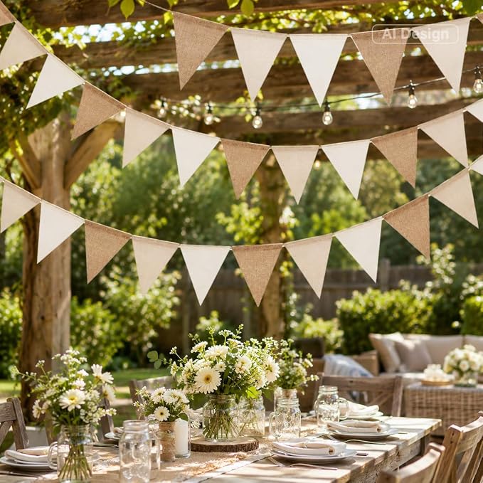 G2PLUS Pre-Strung Burlap Pennant Banner, 65Ft Brown and Beige Triangle Flag - Image 6