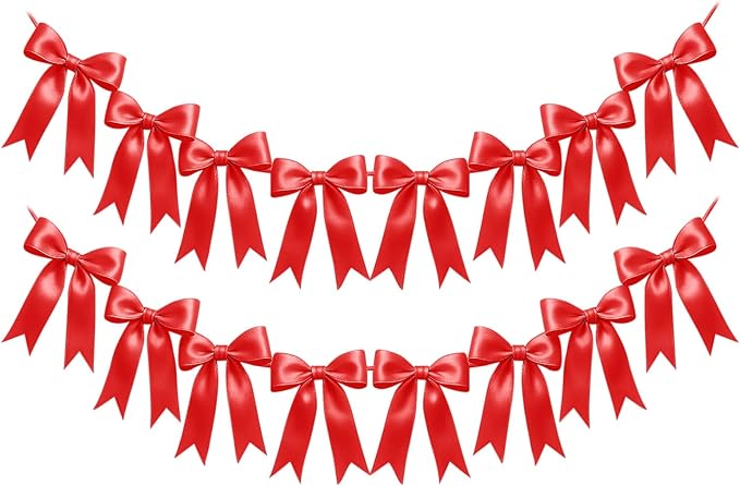 2 Strings of 16PCS Red Bow Garlands Banner Decoration, Pre-Strung Satin Ribbon by Unknown