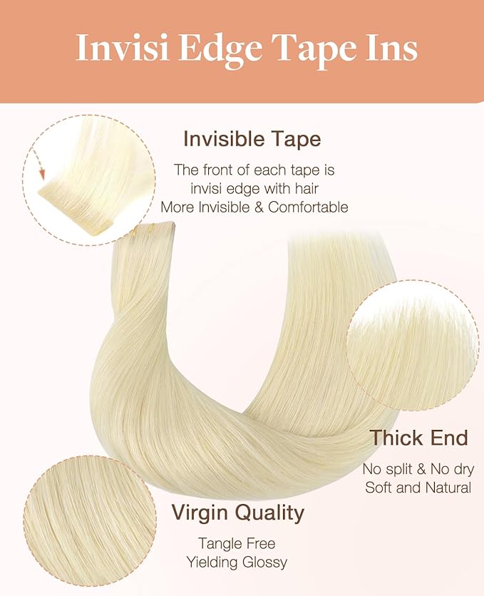 GOO GOO Invisi Edge Tape in Hair Extensions Human Hair, 60A Platinum Blonde 10pcs injected with 10pcs classical tape ins, 24inch 50g, Virgin Remy Hair, Natural Look