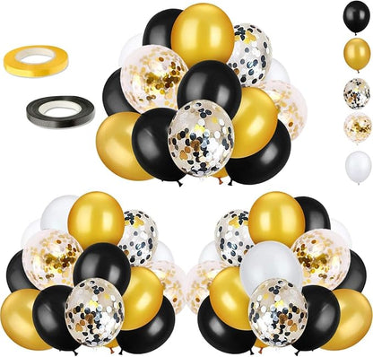 72 Pack Black Gold Confetti Balloons Kit, 12 Inch Black Gold White Balloons and by OuMuaMua
