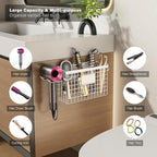 Voldra Hair Dryer Holder Cabinet Door, Adhesive Hair Tool Organizer Wall Mount Adjustable Height Blow Dryer Holder Under Sink/Countertop for Flat Curling Iron, Hair Brush and Straightener (1, White)
