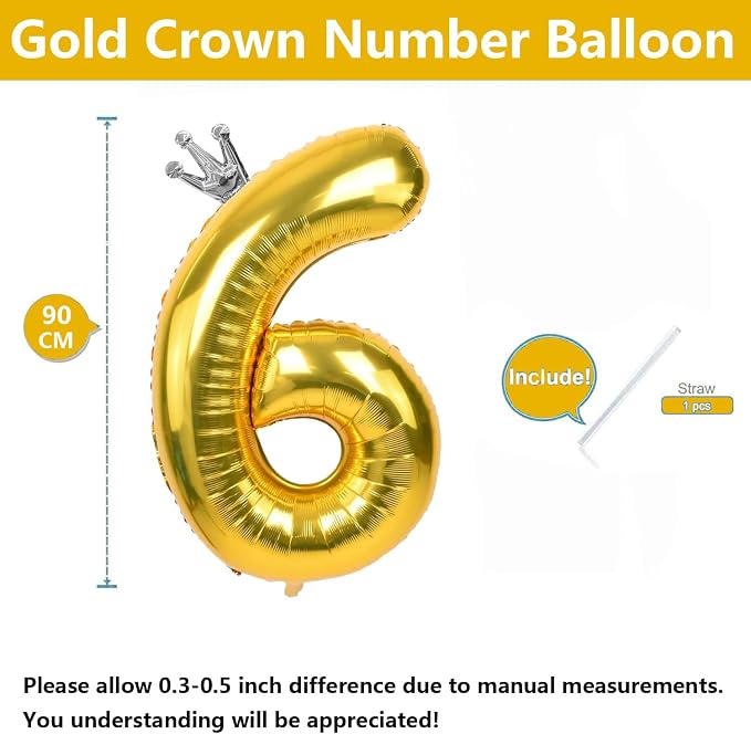 Gold Number 6 Balloon with Crown, 40 inch Gold Number Balloon 6th Birthday - Image 2