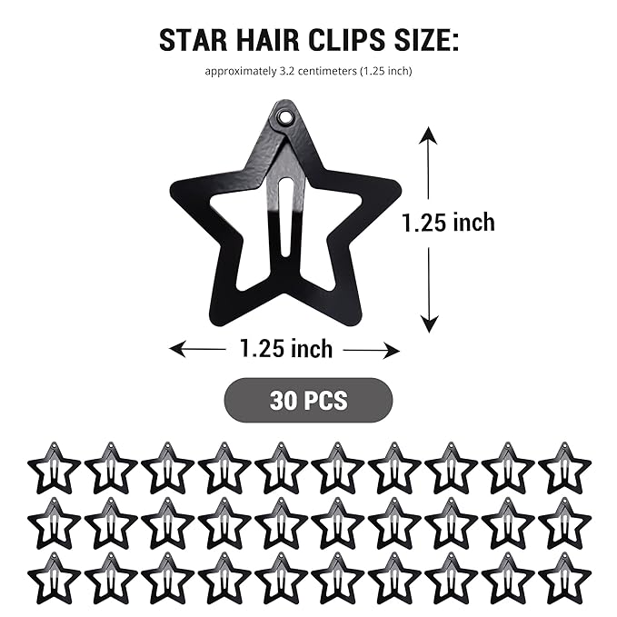 30 Pcs Metal Star Hair Clips 2000s Y2K Snap Barrettes 1.25 In Non Slip Star Hair Accessories for Women,Matte Black