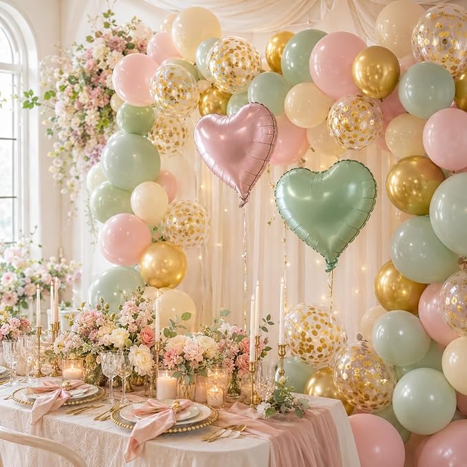 Pink and Green Balloons, 12 Inch Retro Sage Green Pink Nude Metallic Gold - Image 7