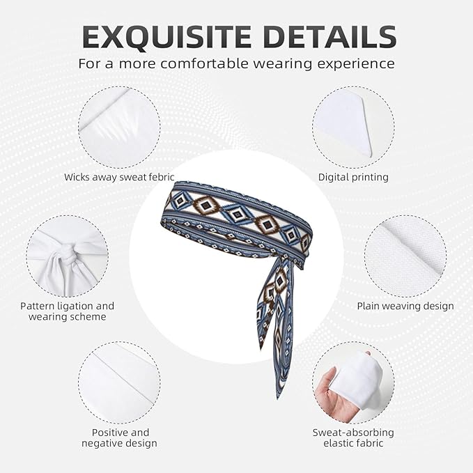 Men's Women Lovely Sports Sweat Band Hair Decor for Sports Workout Spa, Long Boho Style Colorful Surf Blue Tribal Navajo Aztec Geometric Ethnic Pattern Head Ribbon Headwear