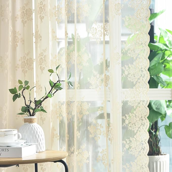 Kotile Beige Lace Curtains for Living Room Rustic Floral 52x108 Inch 2 Pcs | - Image 4