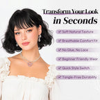 BARSDAR Dark Brown Short Wavy Wig with Bangs - Short Curly Dark Brown Wigs for Women - Wavy Textured French Bob Wig with Bangs Soft Synthetic Natural Looking Face-Framing Daily