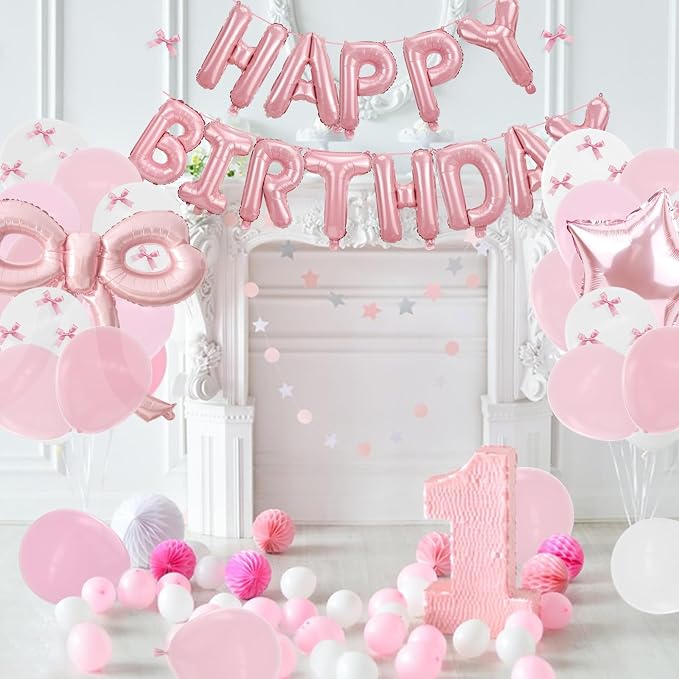 Bow Party Decorations Pink Happy Birthday Balloons Banner Pink Birthday - Image 7
