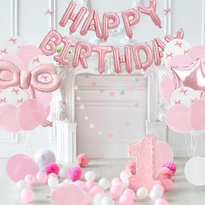 Bow Party Decorations Pink Happy Birthday Balloons Banner Pink Birthday - Image 7