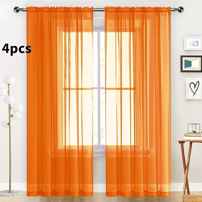 SpaceDresser Orange Sheer Curtains 4 Panels Rod Pocket Semi-Sheer Curtain 96 - Image 2