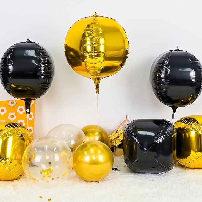 6Pcs Black Gold Round Foil Balloons, Giant 4D Round Ball Balloons, 22 Inch - Image 3