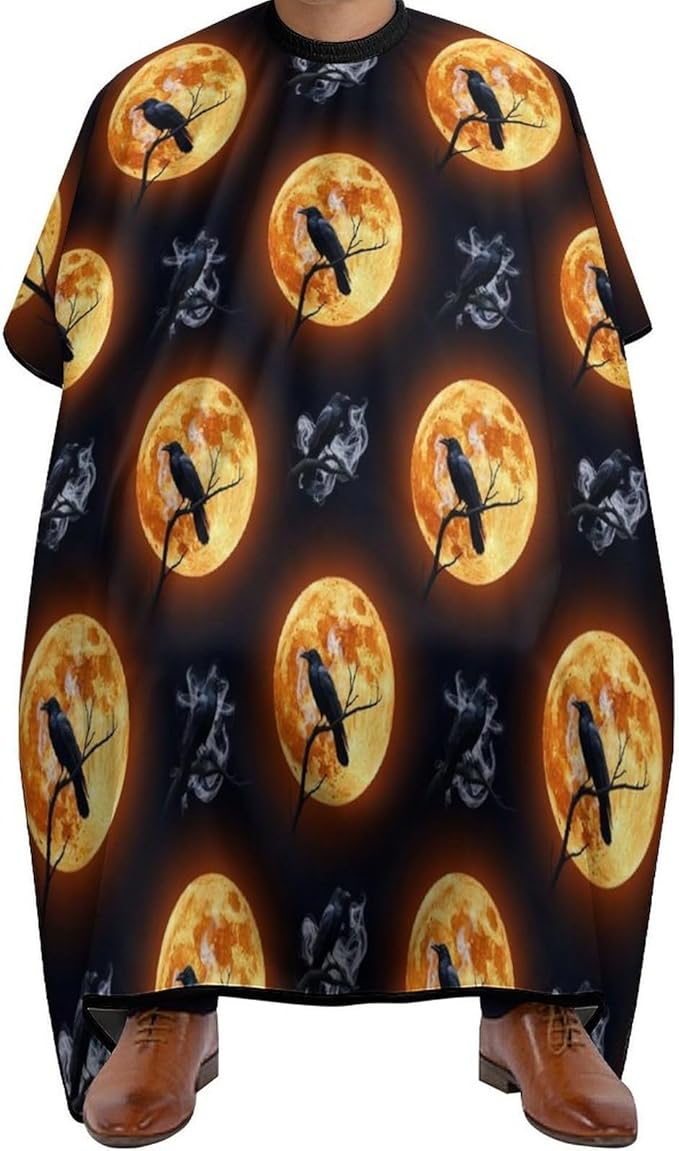 Women Full Moon Black Crow Raven Bird Salon Haircut Capes, Full Coverage Dyeing Salon Apron for Hairdressers, Easy Clean