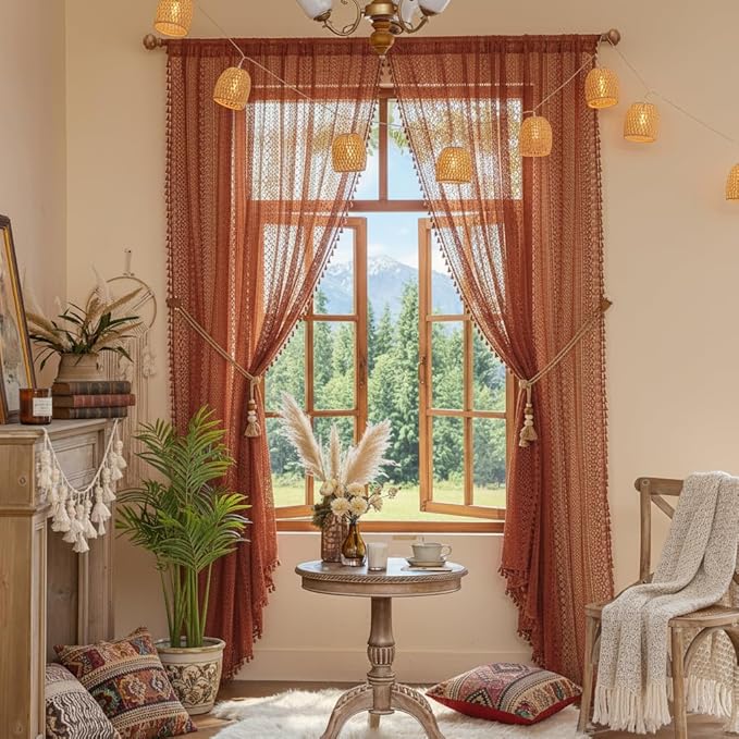 WAZZIO Boho Lace Curtains 96 Inches 2 Panel, Light Filtering Privacy Tassel & - Image 5