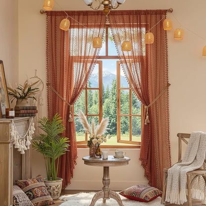 WAZZIO Boho Lace Curtains 96 Inches 2 Panel, Light Filtering Privacy Tassel & - Image 5